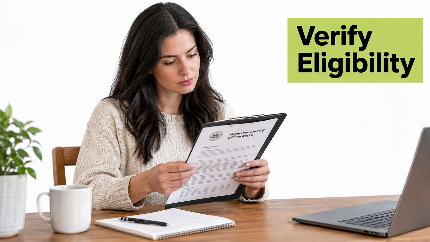 A focused young woman reading a Vegetation Clearing Official Notice document while working at her desk.