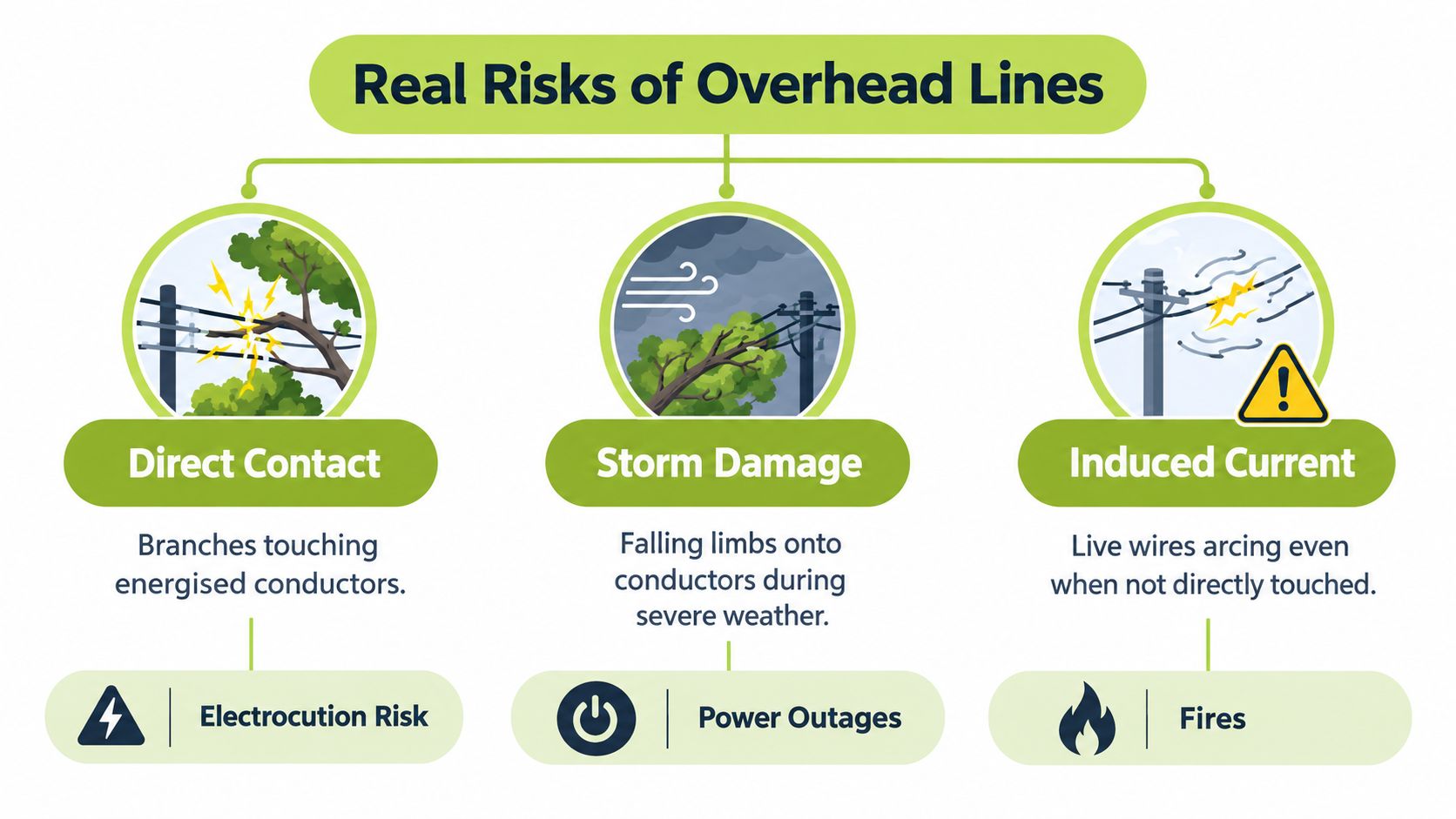 An infographic showing the real risks of tree work near overhead power lines, including contact and arcing.
