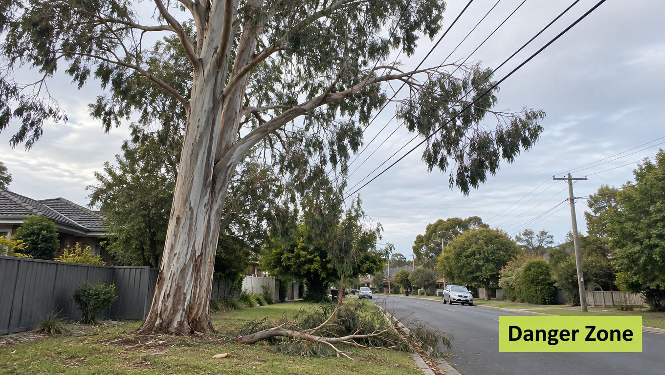A large eucalyptus tree with broken branches hanging near overhead power lines on a quiet residential street.