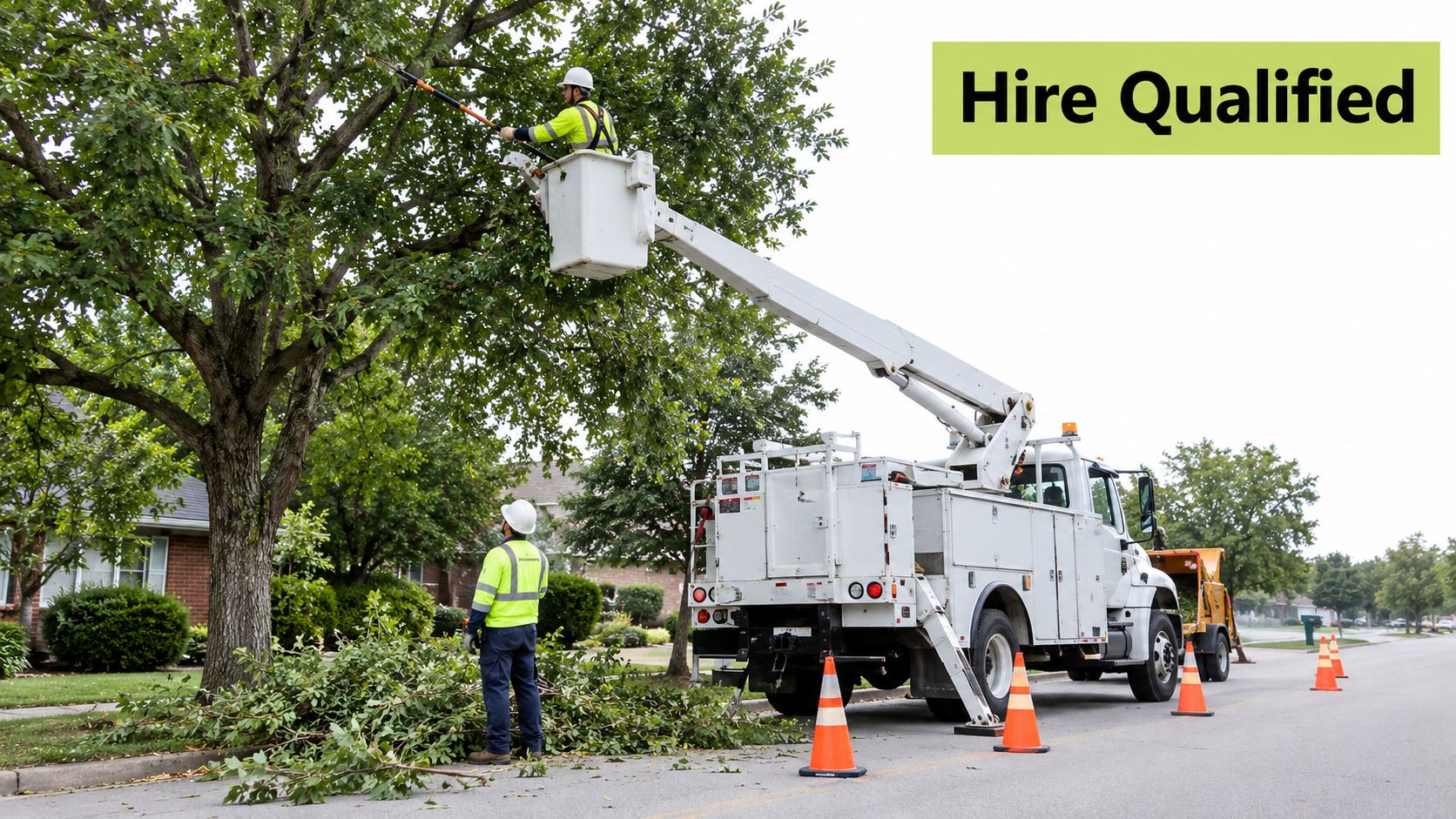 A professional tree worker in a bucket truck trimming tree branches near a residential street.