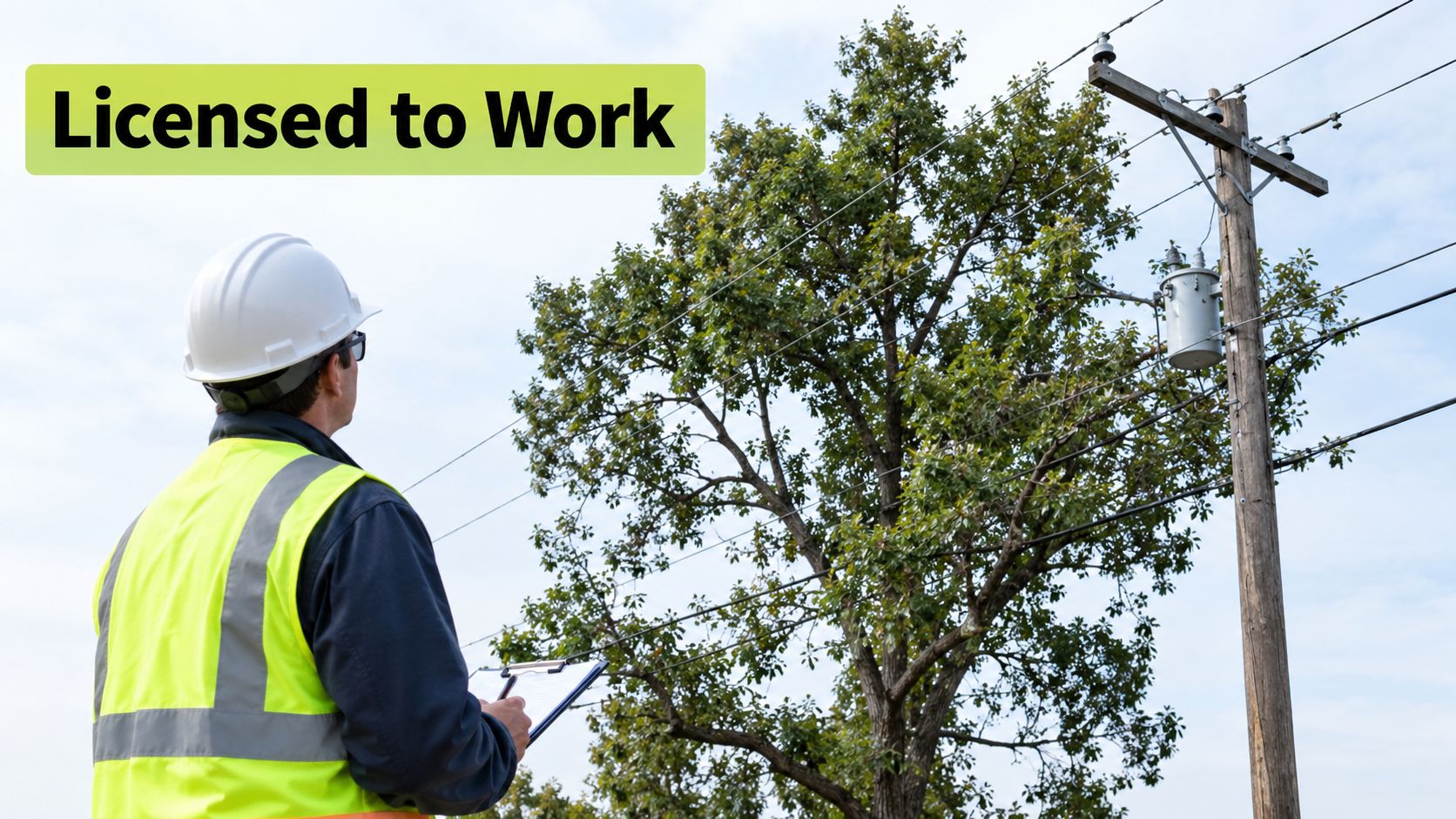 A professional electrician in a hard hat and safety vest inspects a tree near power lines.